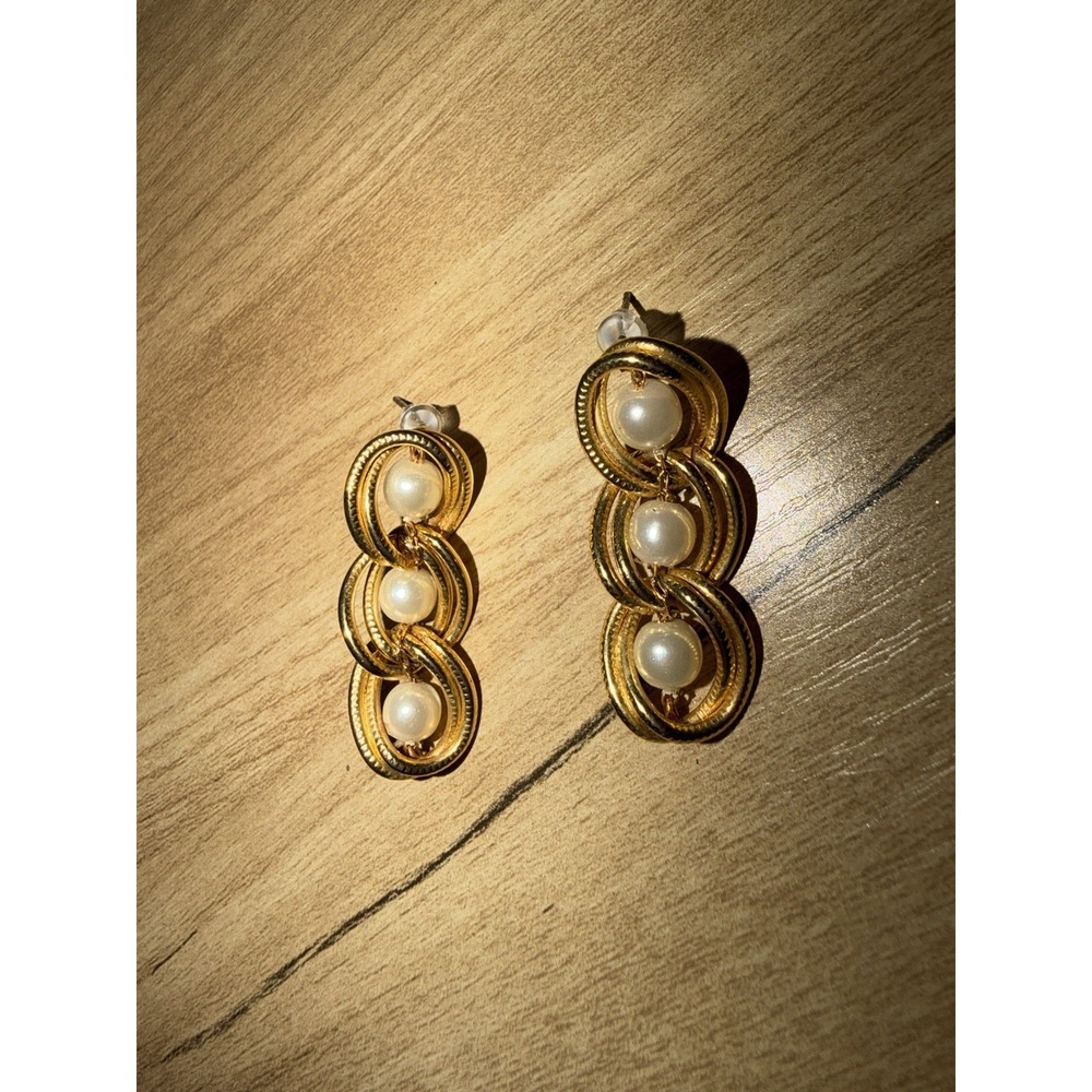 Vintage Faux Pearl Chain Gold‎ Tone Dangle Drop Earrings
